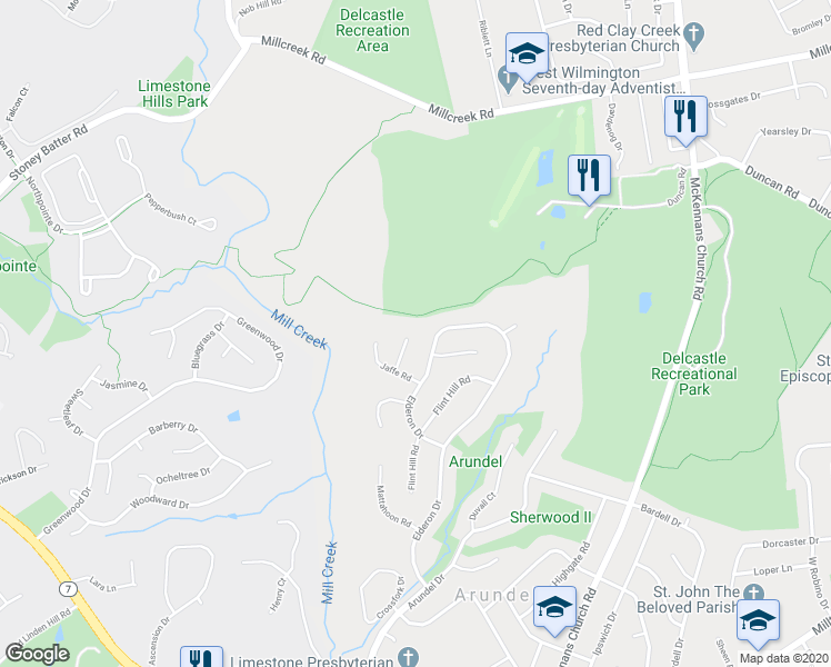 map of restaurants, bars, coffee shops, grocery stores, and more near 11 Kenleigh Court in Wilmington