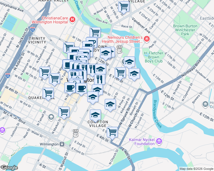 map of restaurants, bars, coffee shops, grocery stores, and more near 314 East 10th Street in Wilmington