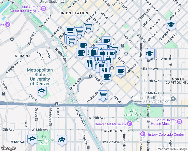 map of restaurants, bars, coffee shops, grocery stores, and more near Stout St & 14th St in Denver