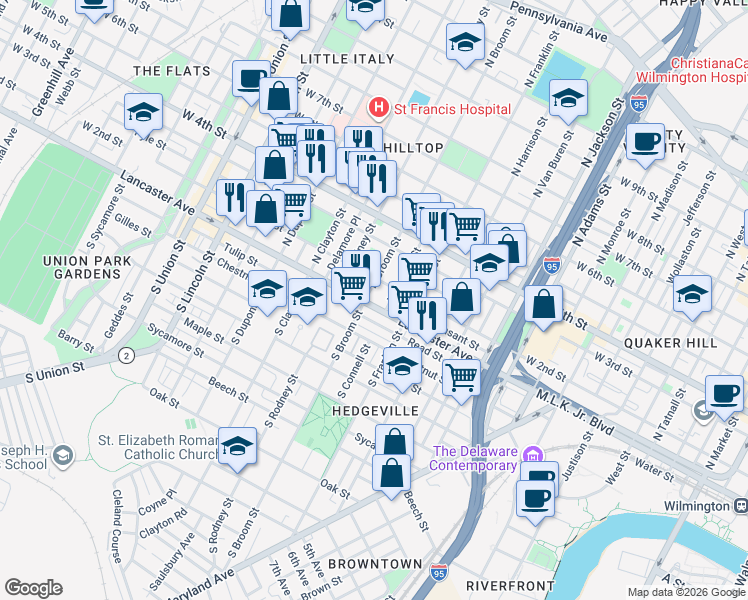 map of restaurants, bars, coffee shops, grocery stores, and more near 104 North Broom Street in Wilmington