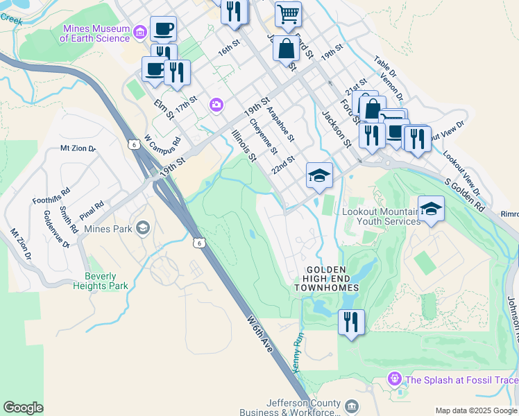 map of restaurants, bars, coffee shops, grocery stores, and more near 2304 Fossil Trace Drive in Golden