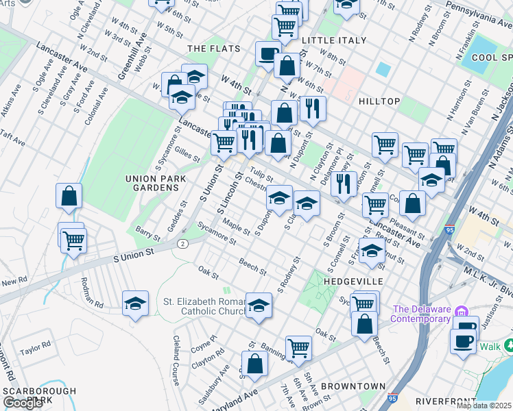 map of restaurants, bars, coffee shops, grocery stores, and more near 1706 Elm Street in Wilmington