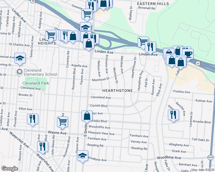 map of restaurants, bars, coffee shops, grocery stores, and more near 1632 Emmons Avenue in Dayton