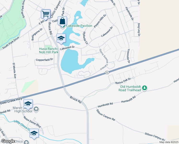 map of restaurants, bars, coffee shops, grocery stores, and more near 9 Sierra Lakeside Lane in Chico