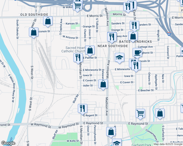 map of restaurants, bars, coffee shops, grocery stores, and more near 1717 Union Street in Indianapolis