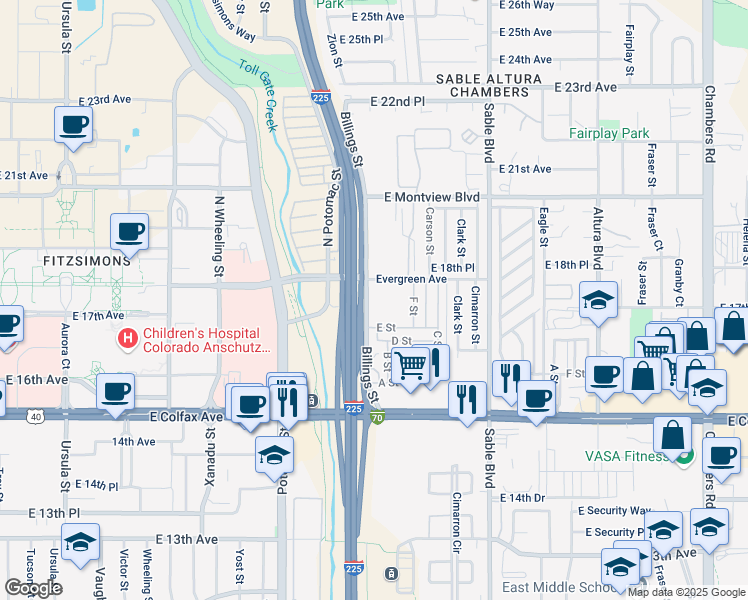 map of restaurants, bars, coffee shops, grocery stores, and more near 1710 Billings Street in Aurora