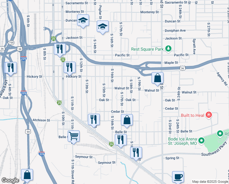 map of restaurants, bars, coffee shops, grocery stores, and more near 2405 South 16th Street in Saint Joseph