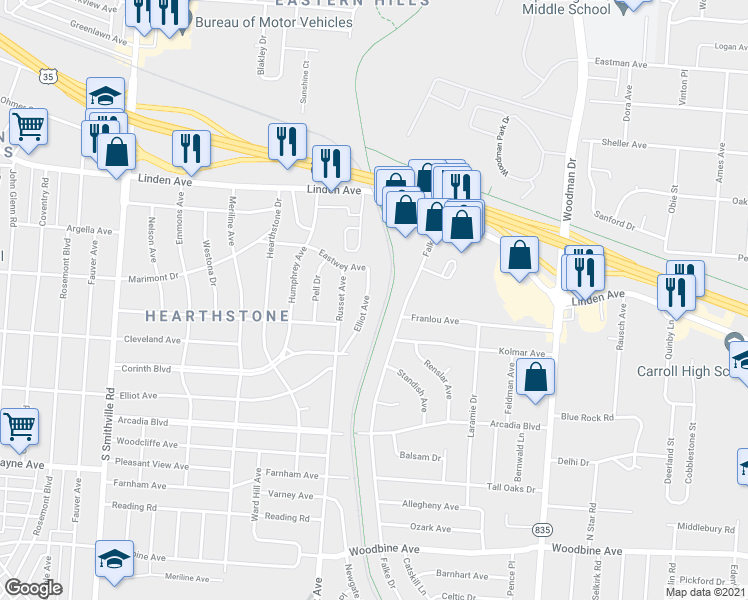 map of restaurants, bars, coffee shops, grocery stores, and more near 4554 Elliot Avenue in Dayton