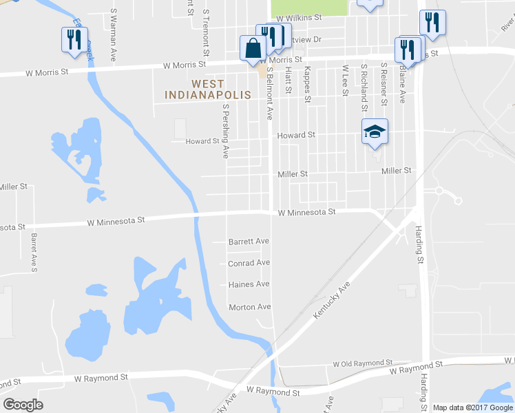 map of restaurants, bars, coffee shops, grocery stores, and more near 2116 W Minnesota St in Indianapolis