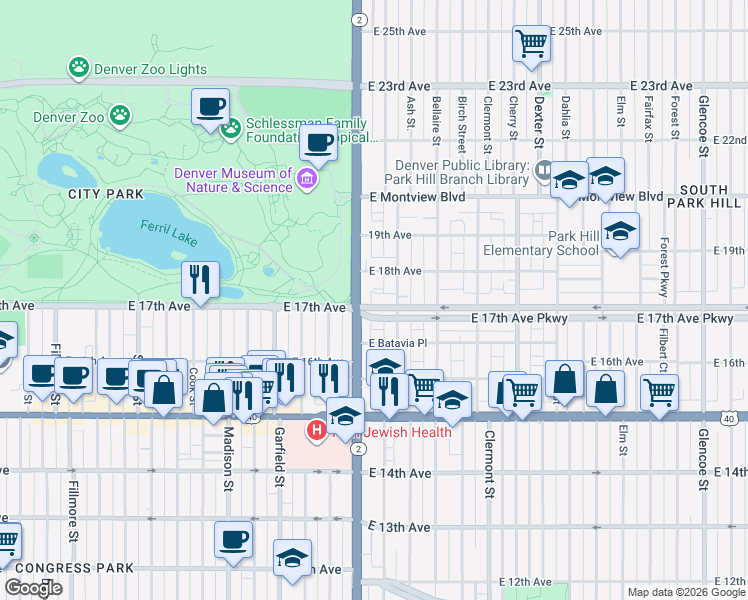 map of restaurants, bars, coffee shops, grocery stores, and more near in Denver