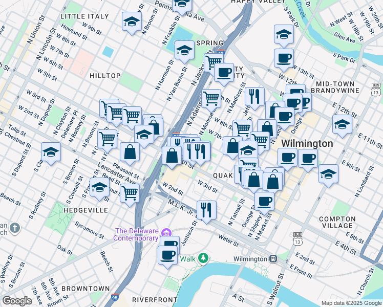 map of restaurants, bars, coffee shops, grocery stores, and more near 422A North Monroe Street in Wilmington