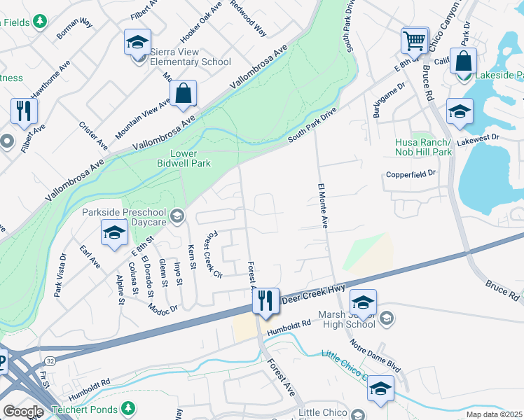 map of restaurants, bars, coffee shops, grocery stores, and more near 1014 Isaac James Avenue in Chico
