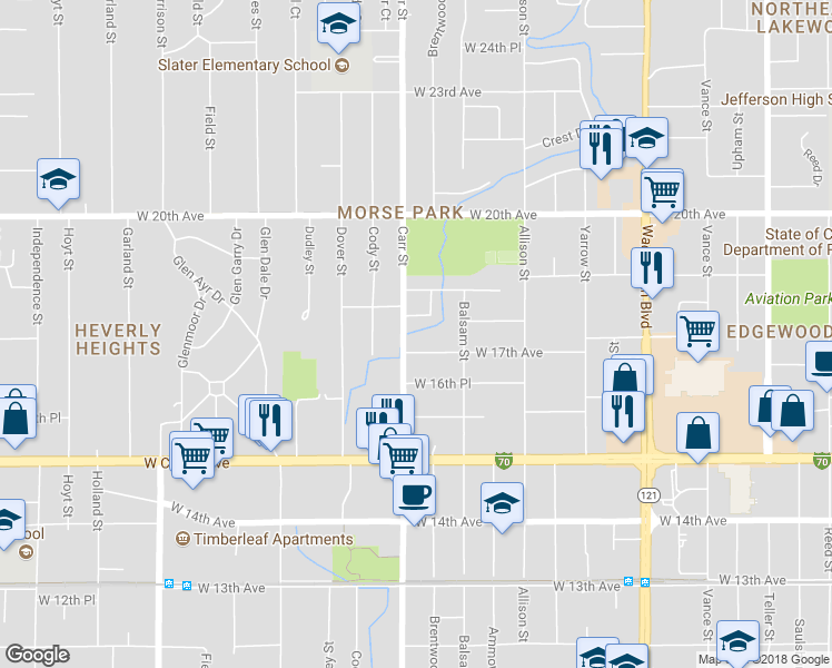 map of restaurants, bars, coffee shops, grocery stores, and more near 1740 Carr Street in Lakewood
