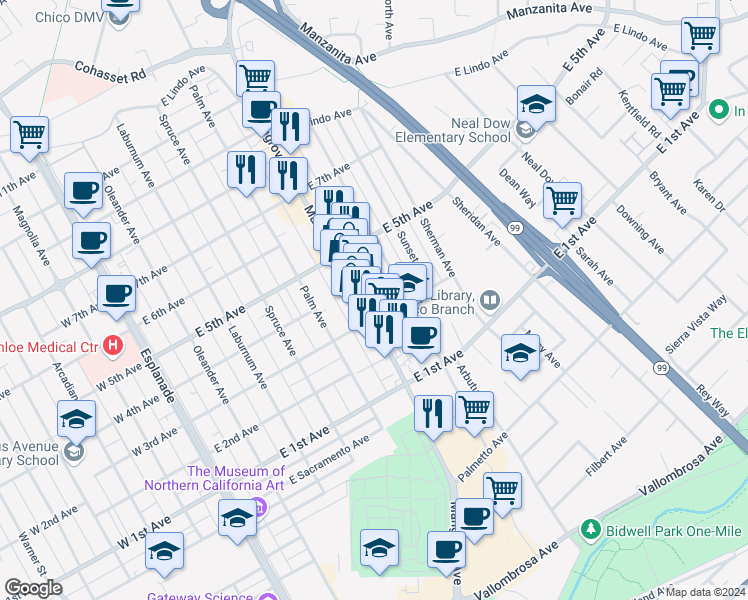 map of restaurants, bars, coffee shops, grocery stores, and more near 1324 Mangrove Avenue in Chico