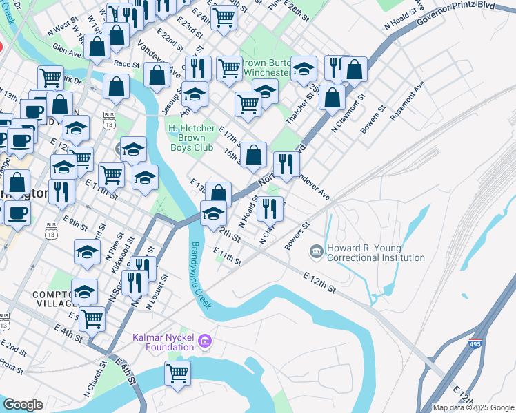 map of restaurants, bars, coffee shops, grocery stores, and more near 1317 North Heald Street in Wilmington