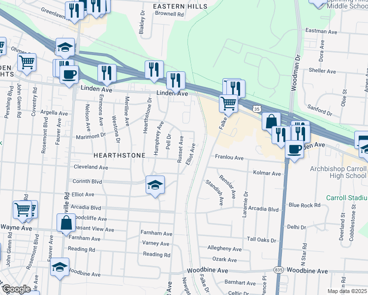 map of restaurants, bars, coffee shops, grocery stores, and more near 1637 Russet Avenue in Dayton