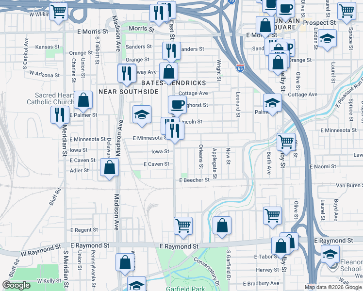 map of restaurants, bars, coffee shops, grocery stores, and more near 516 Iowa Street in Indianapolis