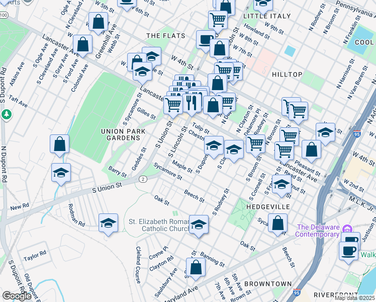 map of restaurants, bars, coffee shops, grocery stores, and more near 1801 Linden Street in Wilmington
