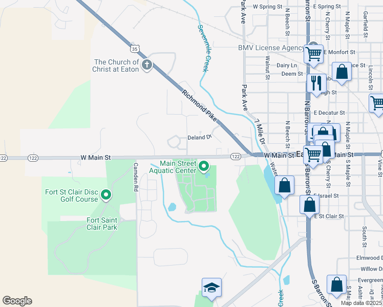 map of restaurants, bars, coffee shops, grocery stores, and more near 100 Lutheran Drive in Eaton