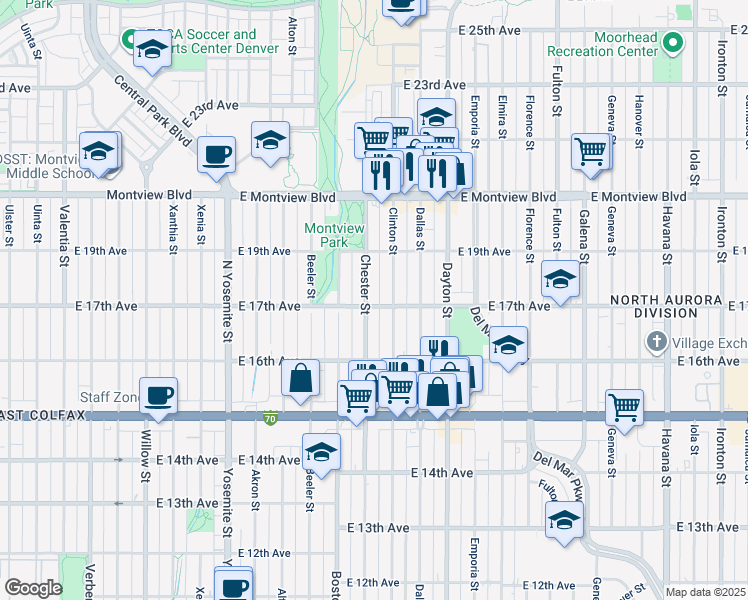 map of restaurants, bars, coffee shops, grocery stores, and more near 9407 East 17th Avenue in Aurora