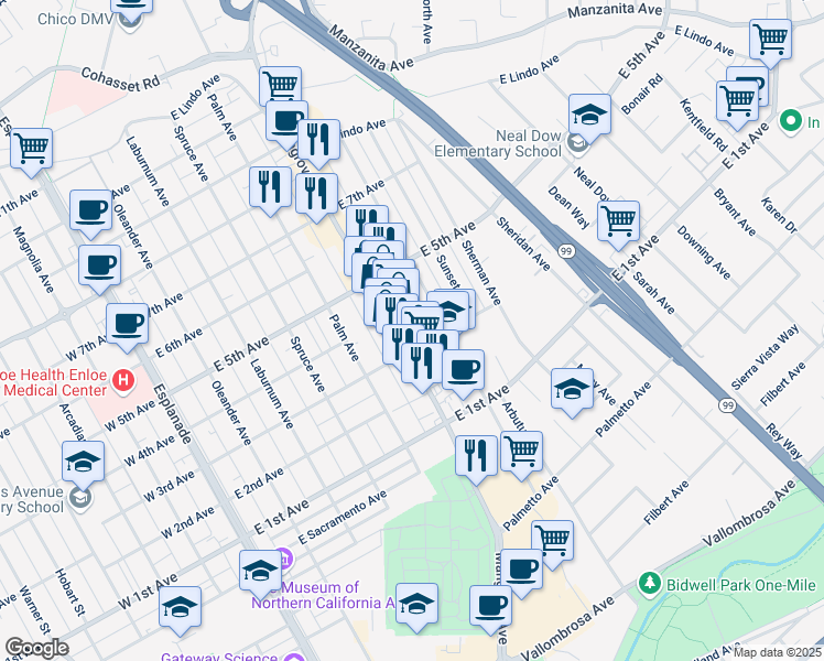 map of restaurants, bars, coffee shops, grocery stores, and more near 1324 Mangrove Avenue in Chico