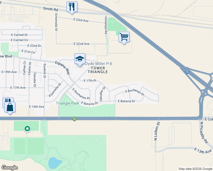map of restaurants, bars, coffee shops, grocery stores, and more near 1681 East 17th Place in Aurora