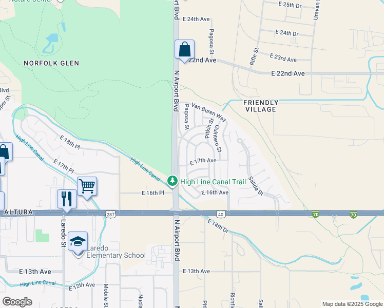 map of restaurants, bars, coffee shops, grocery stores, and more near 1735 Payne Way in Aurora