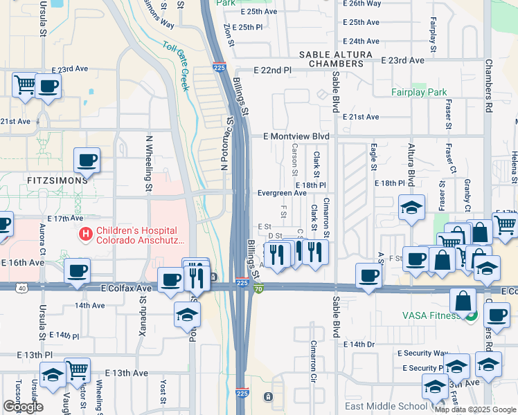 map of restaurants, bars, coffee shops, grocery stores, and more near 1710 Billings Street in Aurora