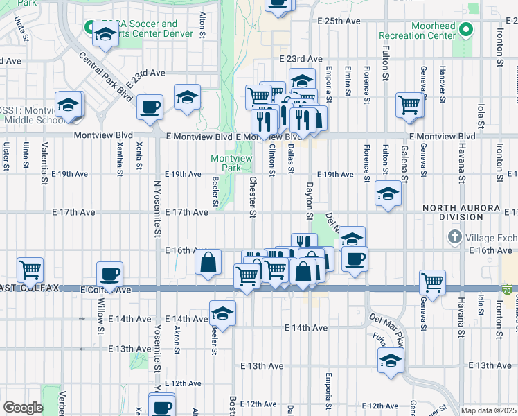 map of restaurants, bars, coffee shops, grocery stores, and more near 9407 East 17th Avenue in Aurora