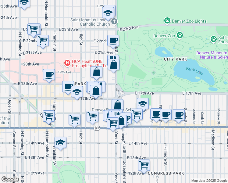 map of restaurants, bars, coffee shops, grocery stores, and more near in Denver
