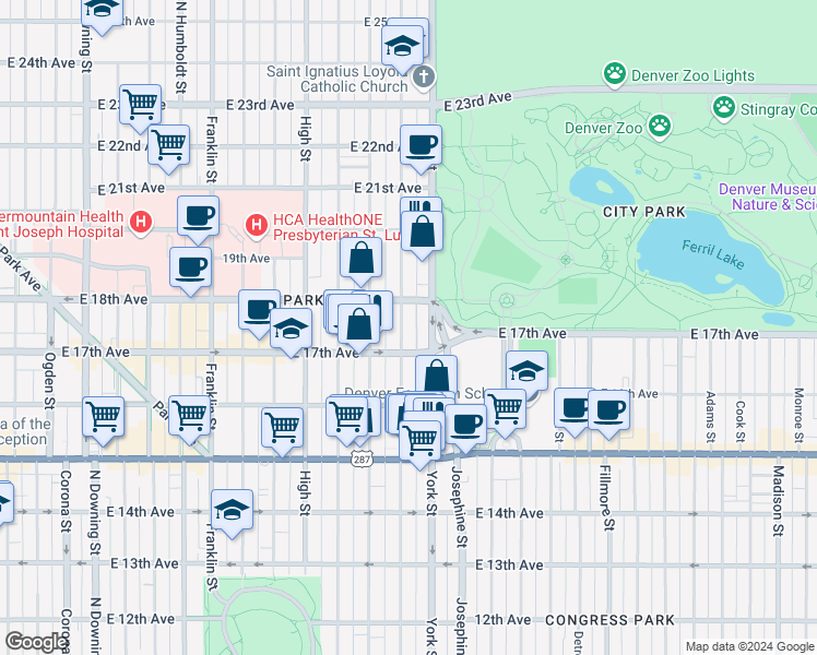 map of restaurants, bars, coffee shops, grocery stores, and more near 1733 North Gaylord Street in Denver
