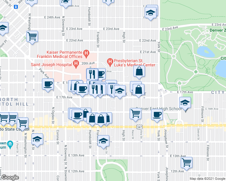 map of restaurants, bars, coffee shops, grocery stores, and more near 1732 Gilpin Street in Denver