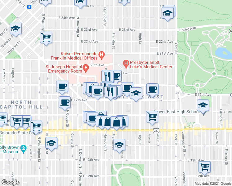 map of restaurants, bars, coffee shops, grocery stores, and more near 1735 Franklin Street in Denver