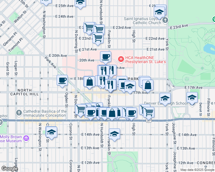 map of restaurants, bars, coffee shops, grocery stores, and more near 1735 Franklin Street in Denver