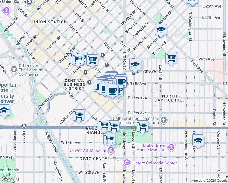 map of restaurants, bars, coffee shops, grocery stores, and more near 1600 Glenarm Place in Denver