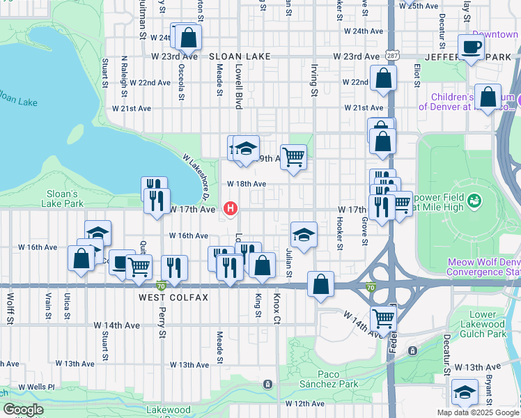 map of restaurants, bars, coffee shops, grocery stores, and more near in Denver