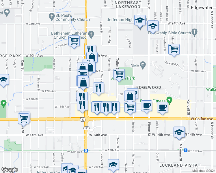 map of restaurants, bars, coffee shops, grocery stores, and more near 1725 Upham Street in Denver