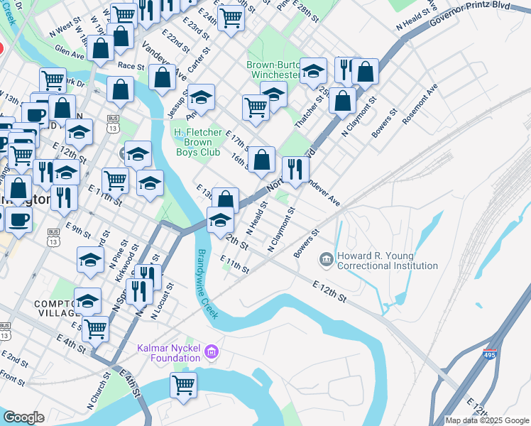 map of restaurants, bars, coffee shops, grocery stores, and more near 1317 North Heald Street in Wilmington