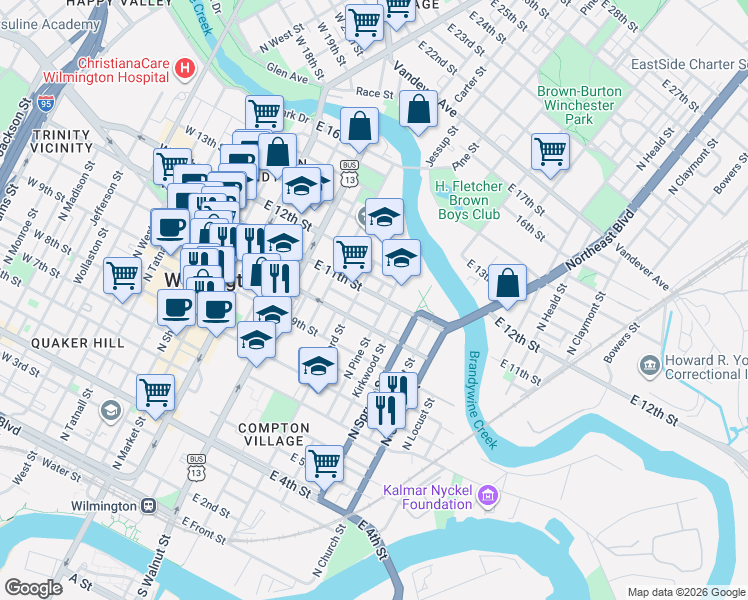 map of restaurants, bars, coffee shops, grocery stores, and more near 518 East 11th Street in Wilmington