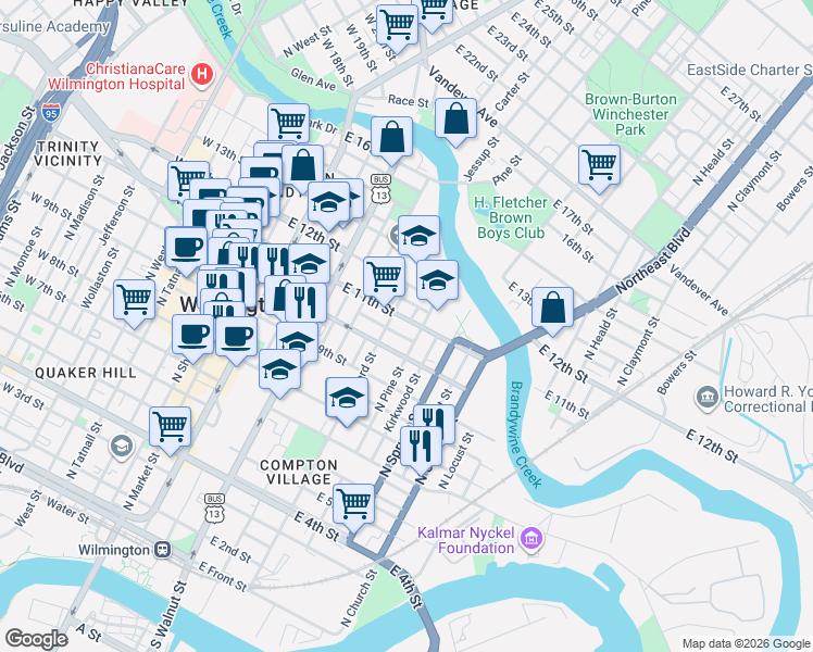 map of restaurants, bars, coffee shops, grocery stores, and more near 518 East 11th Street in Wilmington