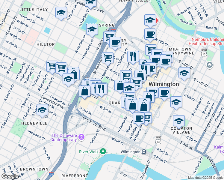 map of restaurants, bars, coffee shops, grocery stores, and more near 506 North Madison Street in Wilmington
