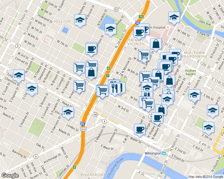 map of restaurants, bars, coffee shops, grocery stores, and more near 422A North Monroe Street in Wilmington
