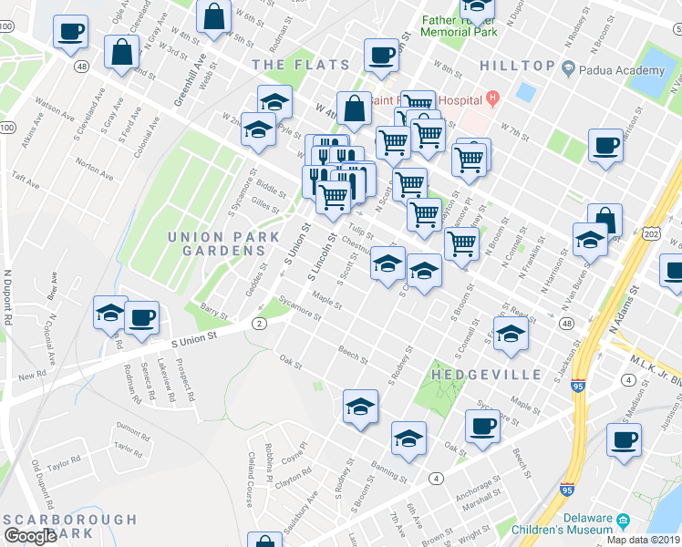 map of restaurants, bars, coffee shops, grocery stores, and more near 1814 Linden Street in Wilmington