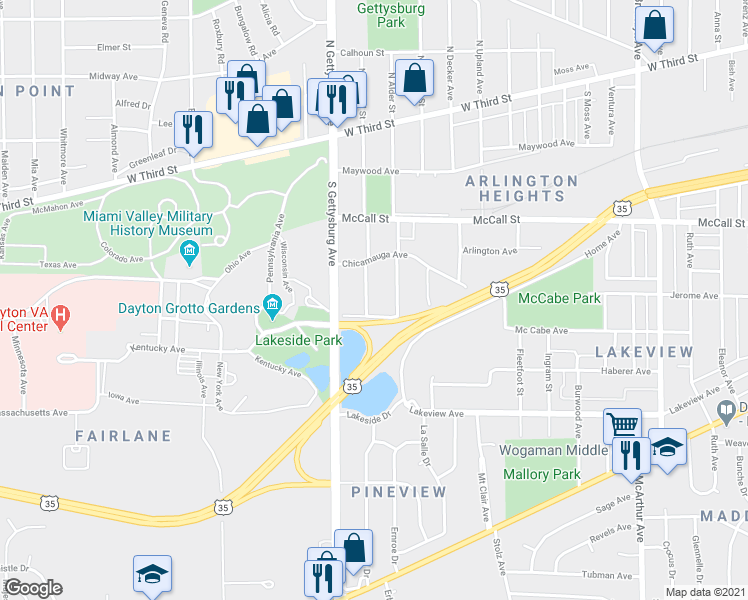map of restaurants, bars, coffee shops, grocery stores, and more near 343 Lookout Avenue in Dayton