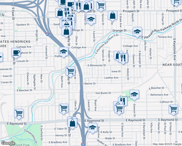 map of restaurants, bars, coffee shops, grocery stores, and more near 1742 Laurel Street in Indianapolis