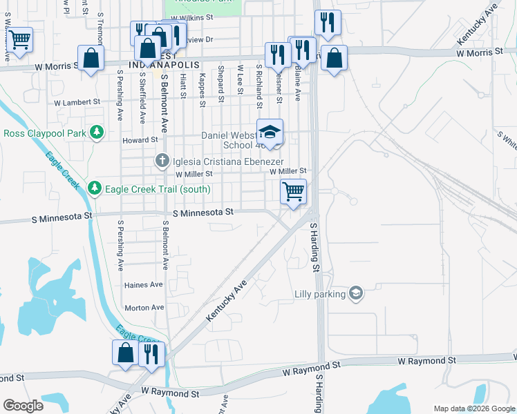 map of restaurants, bars, coffee shops, grocery stores, and more near 1748 West Minnesota Street in Indianapolis