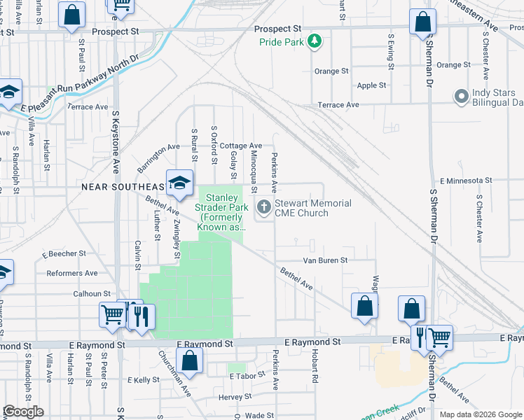 map of restaurants, bars, coffee shops, grocery stores, and more near 1745 Minocqua Street in Indianapolis