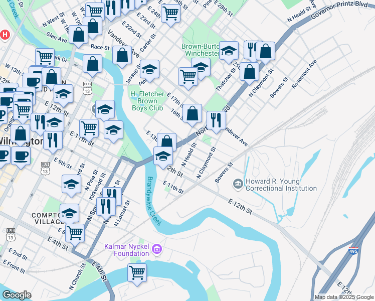 map of restaurants, bars, coffee shops, grocery stores, and more near 1317 North Heald Street in Wilmington