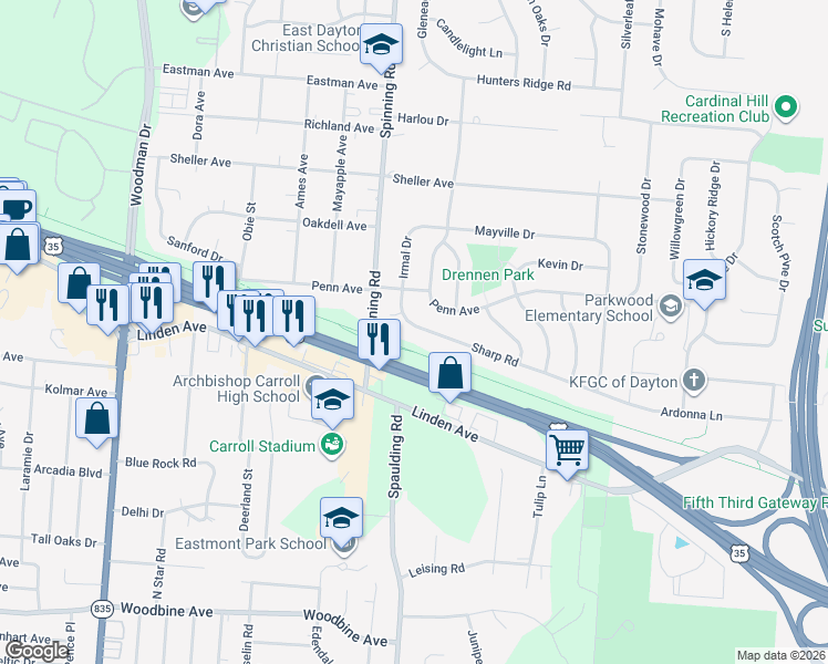 map of restaurants, bars, coffee shops, grocery stores, and more near 5588 Sharp Road in Dayton