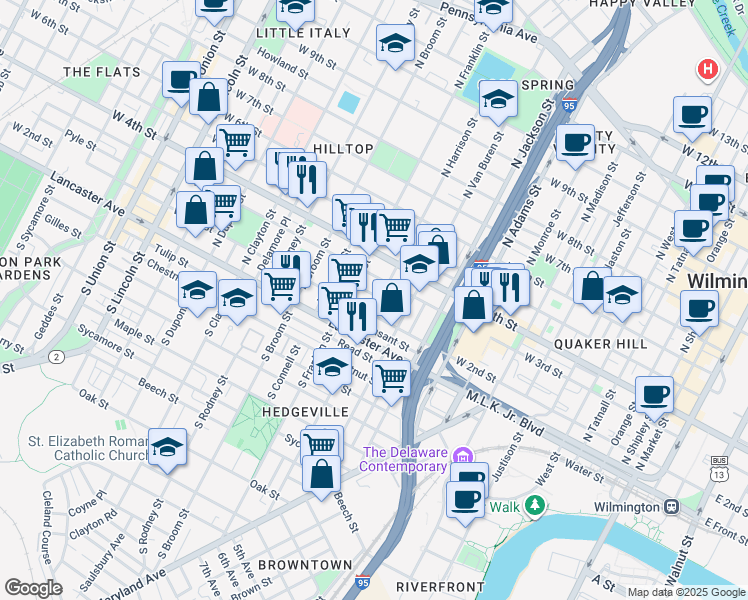 map of restaurants, bars, coffee shops, grocery stores, and more near 217 North Harrison Street in Wilmington